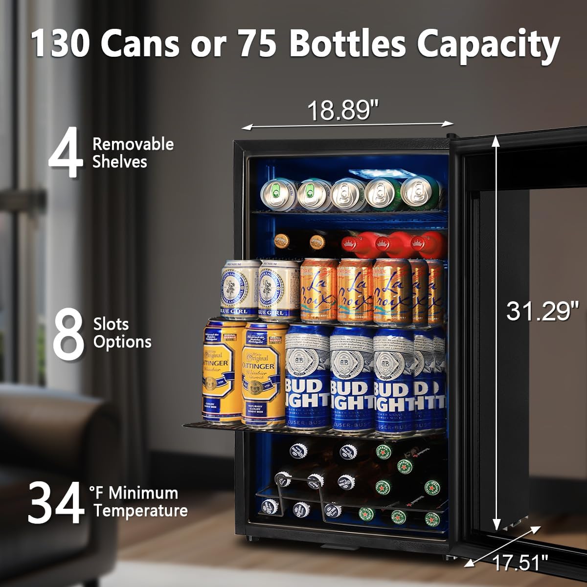 Tylza 130 Can Beverage Refrigerator Cooler, 3.22 Cu.Ft Beverage Cooler with Low-E Glass Door