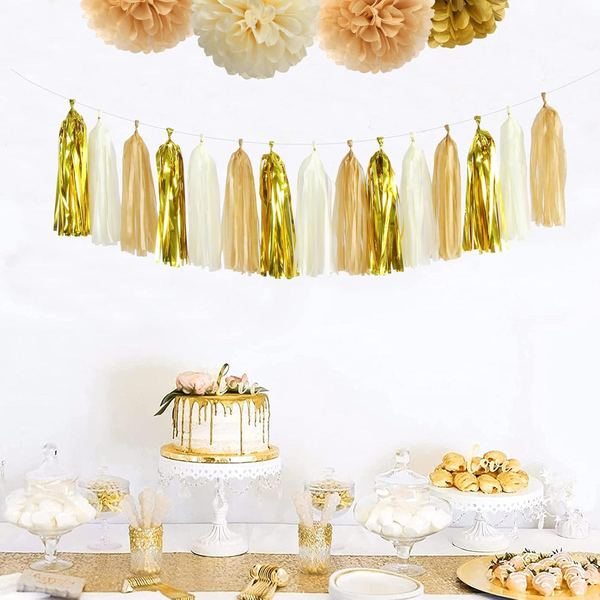 White Gold Champagne Party-Decorations Tassel-Garland -15pcs Christmas Wedding Engagement Tassels