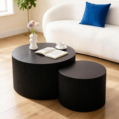 Round Nesting Coffee Table Black Round Fluted Coffee Table Set of 2 for Living Room Small Circle