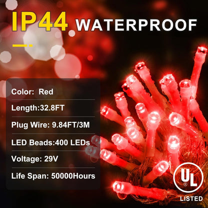 KNONEW Christmas Lights Outdoor Decorations 400 LED 33ft 8 Modes Curtain Fairy String Light with 75