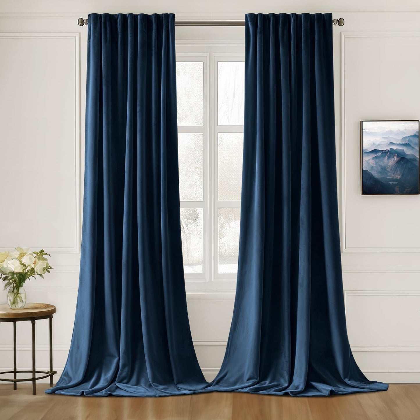 MIULEE Navy Blue Velvet Curtains 96 inches Long 2 Panels - Luxury Pinch Pleated Room Darkening