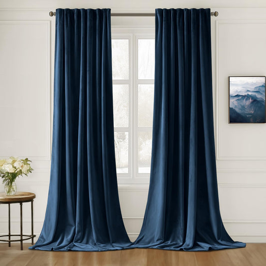MIULEE Navy Blue Velvet Curtains 90 inches Long 2 Panels - Luxury Pinch Pleated Room Darkening