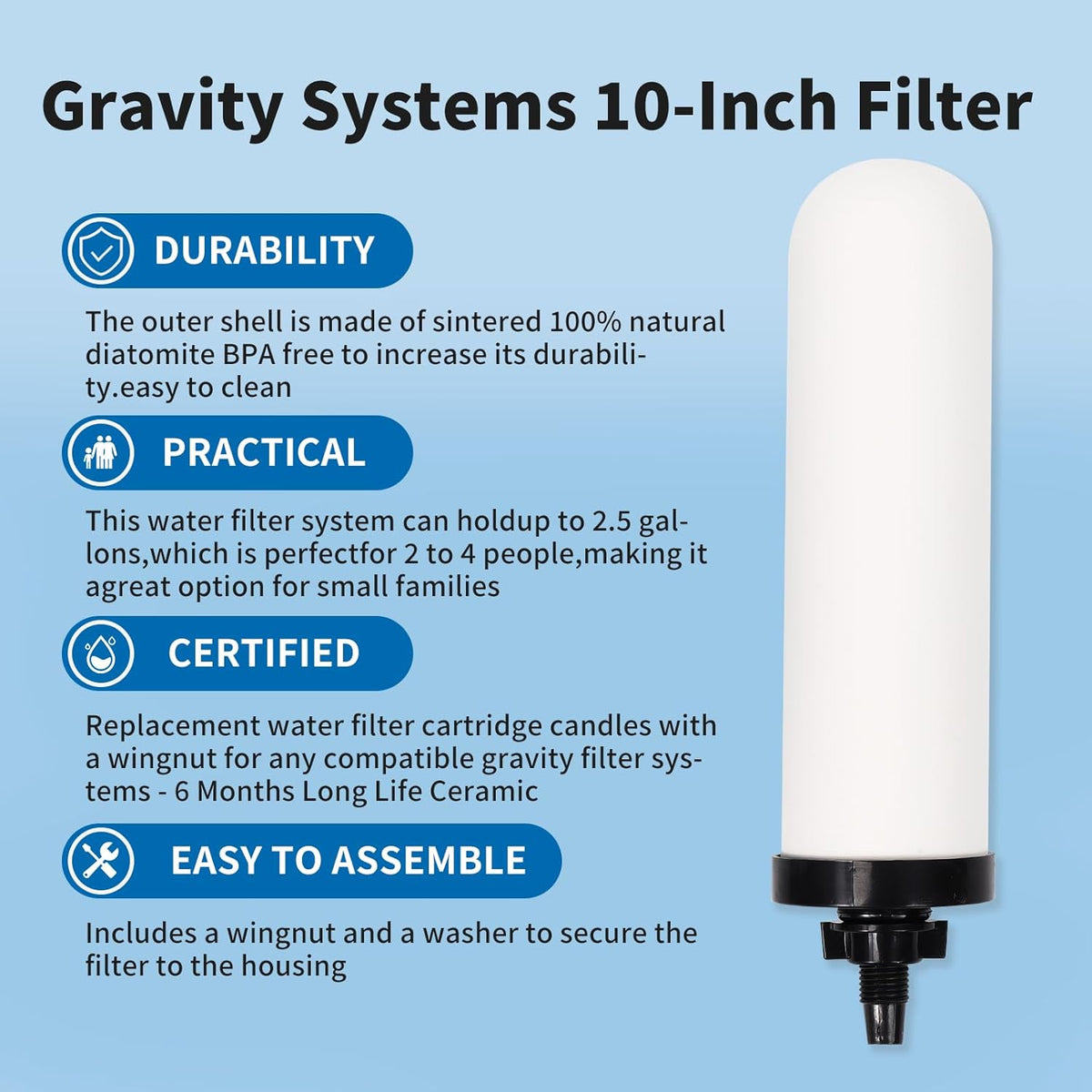 2 Pack 7'' ceramic water filter Candle,7 inch water filter replacement filters with Activated