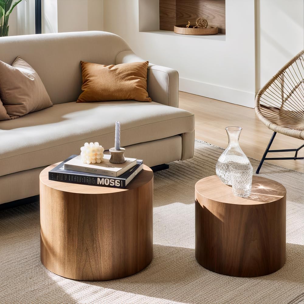 Nesting Coffee Table Set of 2, Modern Round Coffee Table with Non-Slip Feet, Walnut Wooden Circle