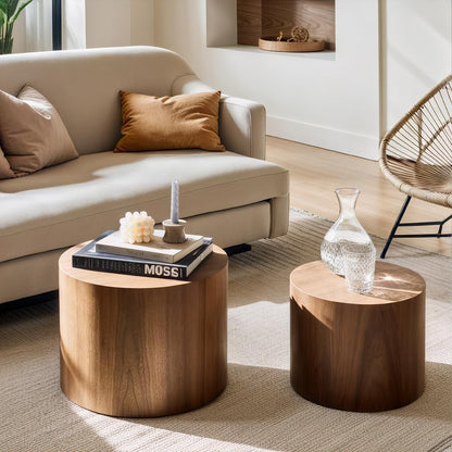 Nesting Coffee Table Set of 2, Modern Round Coffee Table with Non-Slip Feet, Walnut Wooden Circle