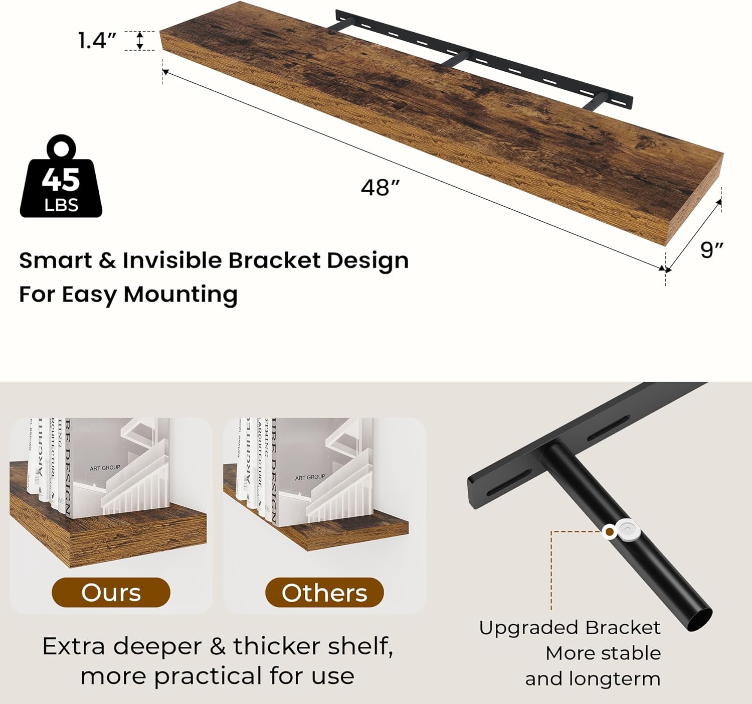 48 inch Floating Shelves for Wall Large Wall Mounted Shelves with Invisible Brackets, Brown Long