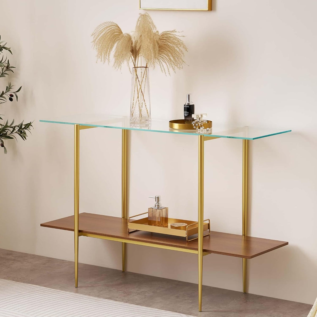 Extra Large Glass Console Table for Living Room, Foyer & Entrance, L47 x W16 x H31, Mid-Century