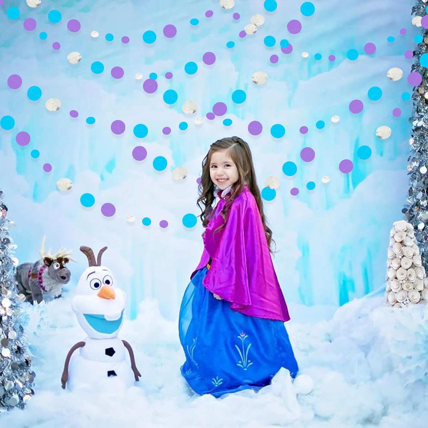46 Ft Frozen Party Decorations Purple Blue Silver Polka Dots Garlands Hanging Paper Circle Dots