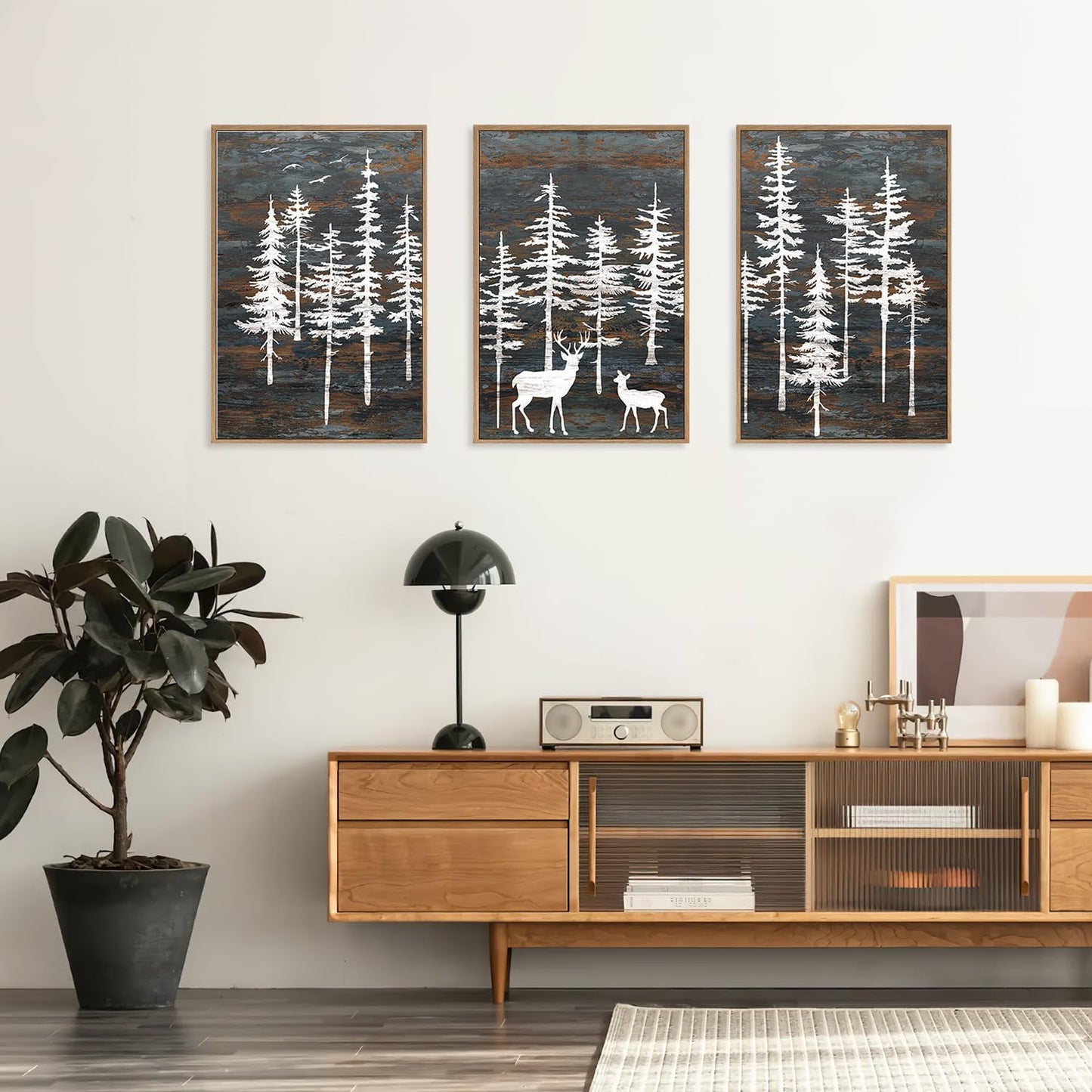 Modern White Forest Framed Canvas Wall Art Set, Minimalist Woodland Art Painting, Retro Tree