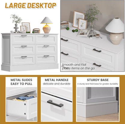 White Dresser for Bedroom with 6 Drawer, Bedroom Furniture Organizer Storage, Wood Double Dresser &