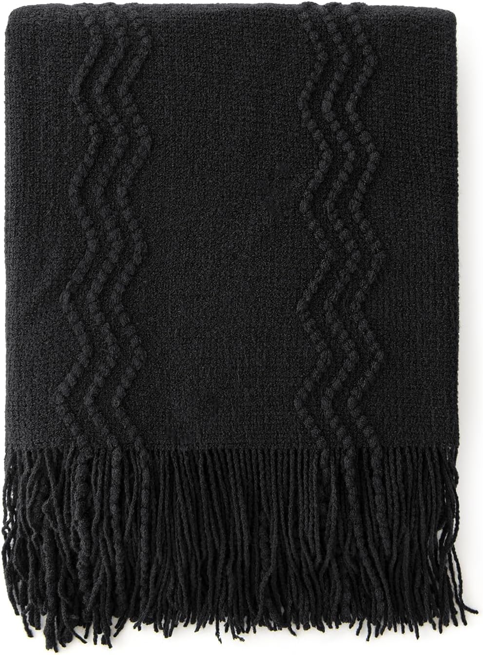 MIULEE Black Knitted Throw Blanket for Couch Textured Knit Blanket with Tassels Cozy Woven Boho Bed