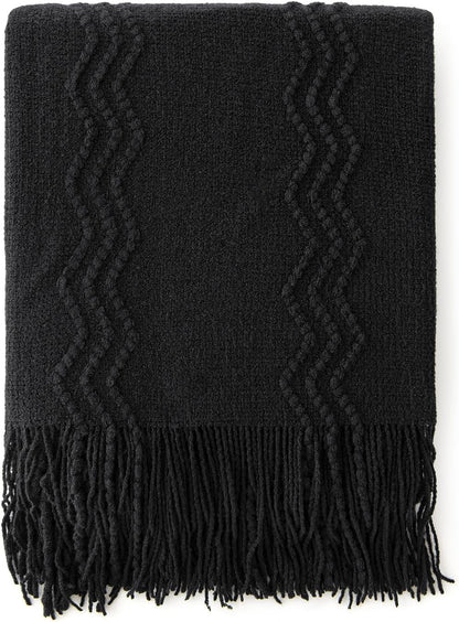 MIULEE Black Knitted Throw Blanket for Couch Textured Knit Blanket with Tassels Cozy Woven Boho Bed