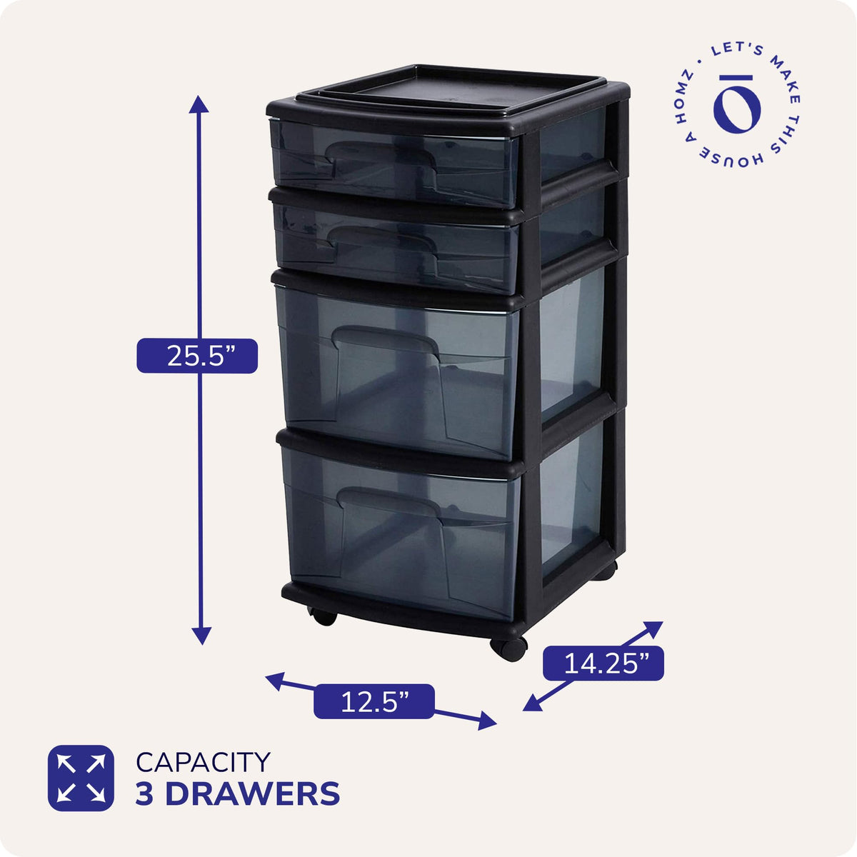 HOMZ Drawer Tower, 4-Tier Storage Cart with Removable Wheels, Black Frame