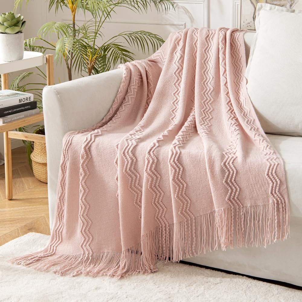 MIULEE Light Pink Knitted Throw Blanket for Couch Bed, Boho Textured Cozy Woven Decorative