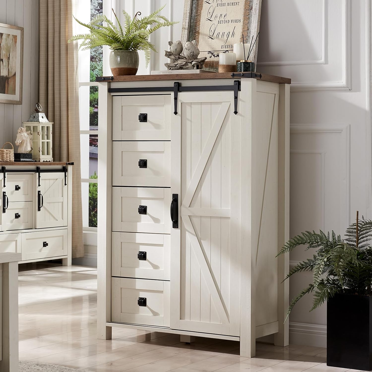 T4TREAM 5 Drawers Dresser for Bedroom w/Sliding Barn Door, Farmhouse Modern Tall Dresser 5 Chest of