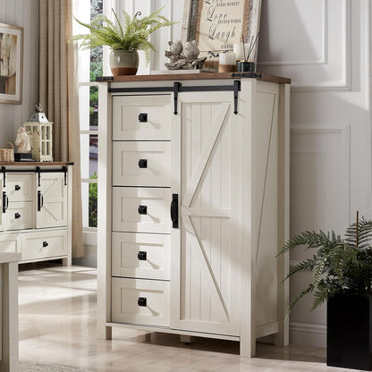 T4TREAM 5 Drawers Dresser for Bedroom w/Sliding Barn Door, Farmhouse Modern Tall Dresser 5 Chest of