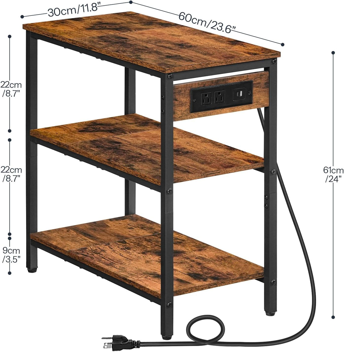 HOOBRO End Table with Charging Station, Simple Rustic Side Table with 3-Tier Storage Shelf, Narrow
