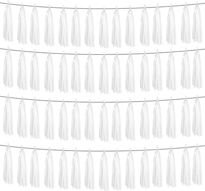 4P White Foil Fringe Metallic Tassel Streamers Banner Tassel Garland for Parade Floats, Graduation