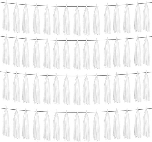 4P White Foil Fringe Metallic Tassel Streamers Banner Tassel Garland for Parade Floats, Graduation