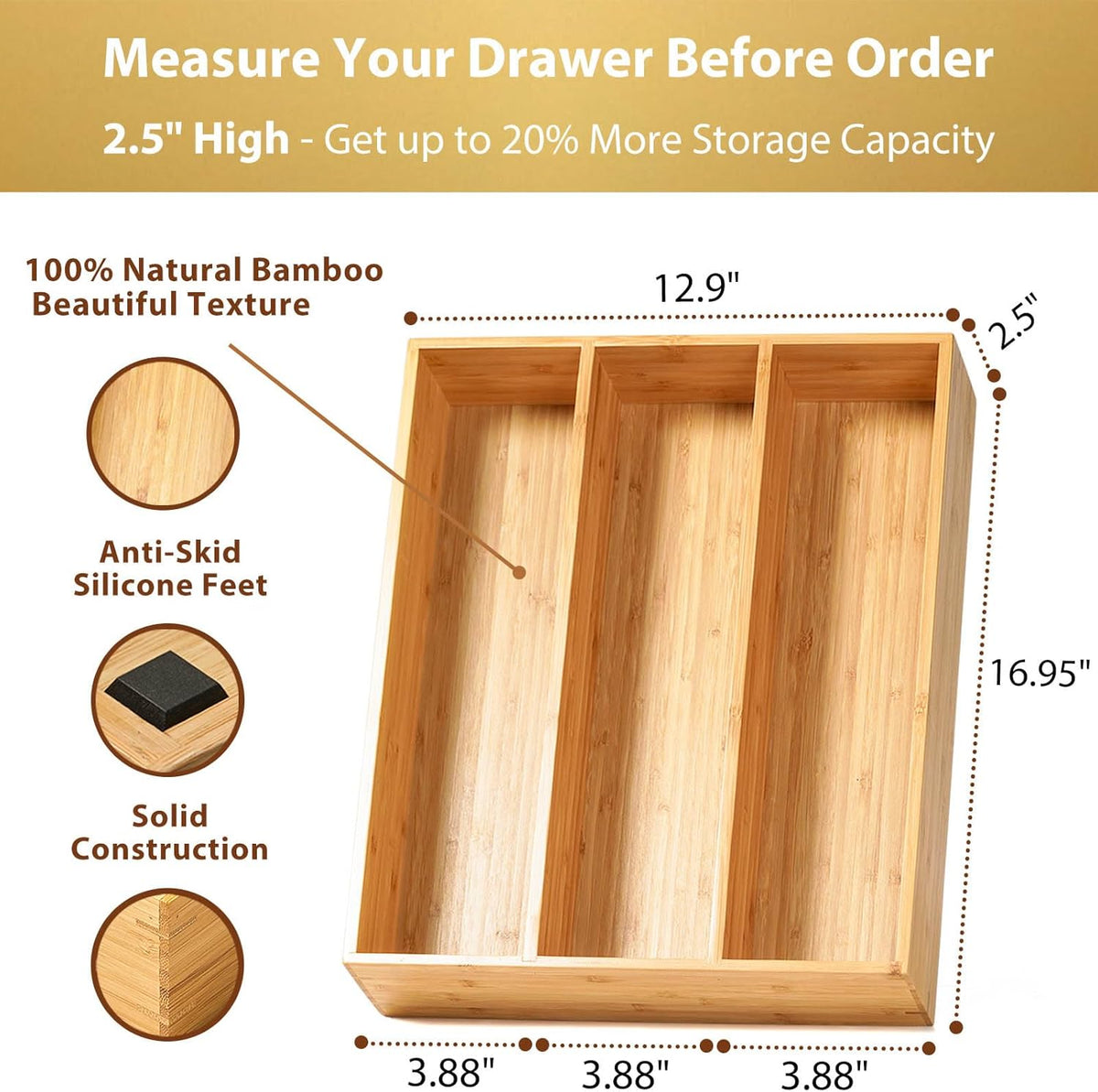 Umilife Bamboo Kitchen Utensils Organizer, 13 Inch Drawer Dividers for Silverware, Extra Deep