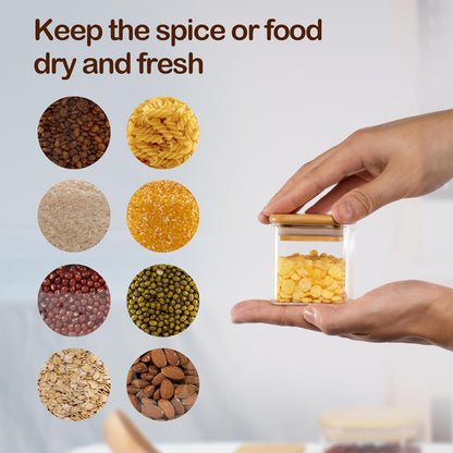 5oz Airtight Square Spice Containers with Bamboo Lid Set of 12 with Black Lables Storage Stackable