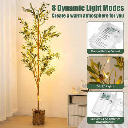 6ft Artificial Olive Tree with LED Fairy Lights, Tall Faux Potted Plant with Woven Basket - Natural