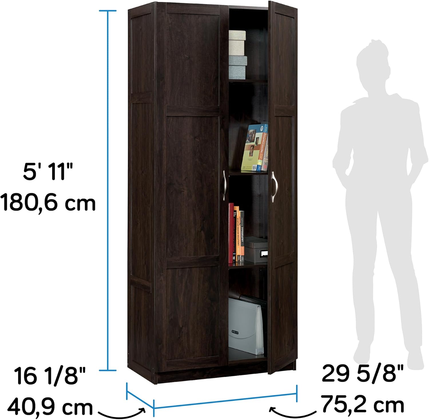 Sauder Storage Cabinet/ Pantry cabinets, 29.61 " x D: 16.02 " x H: 71.50", Cinnamon Cherry finish