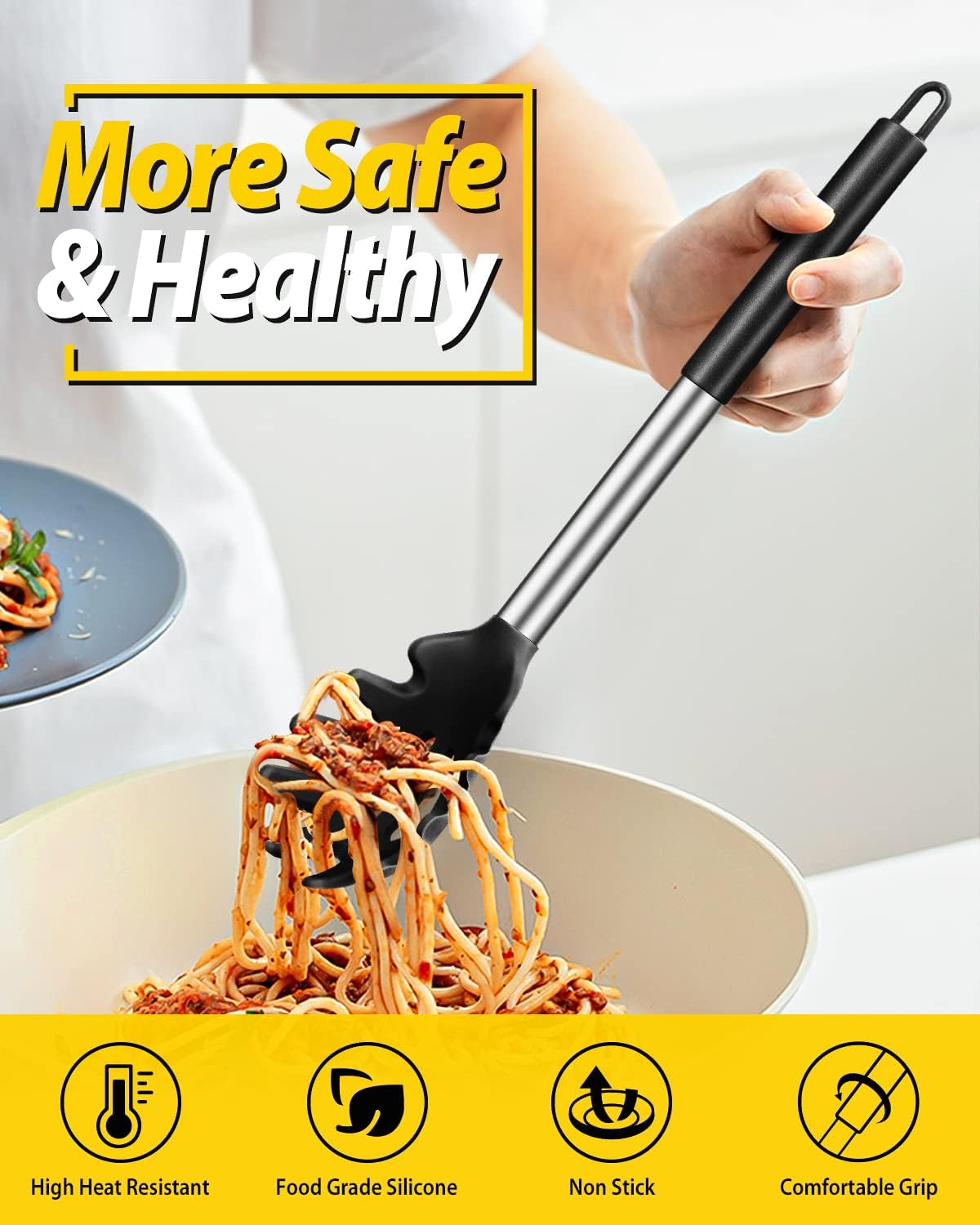 Silicone Pasta Fork and Ladle Spoon Set, Large Non Stick Kitchen Utensils for