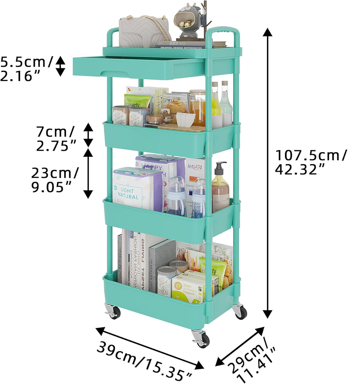 Calmootey 4-Tier Rolling Utility Cart with Drawer,Multifunctional Storage Organizer with Plastic