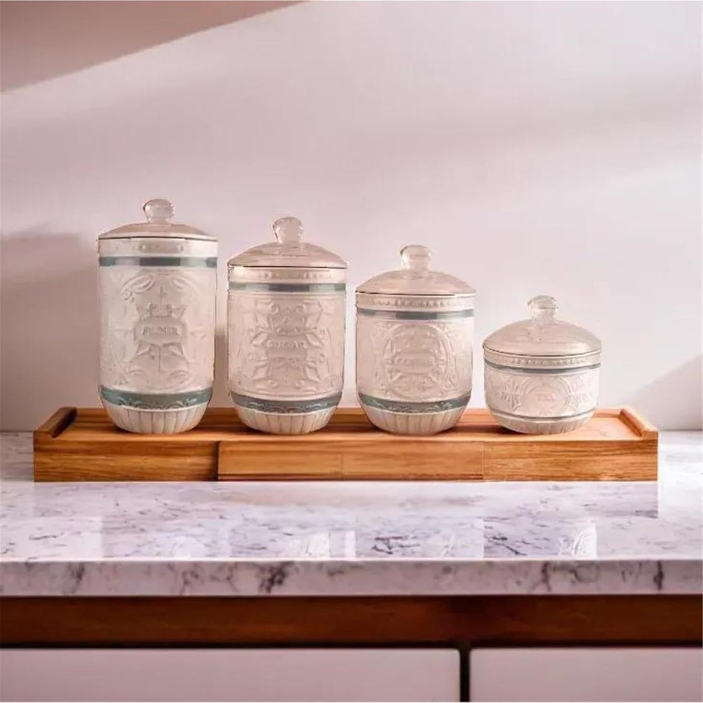 Young's Inc. 4 Pcs Set Casual Provincial Ceramic Canisters- Storage Container for Kitchen and