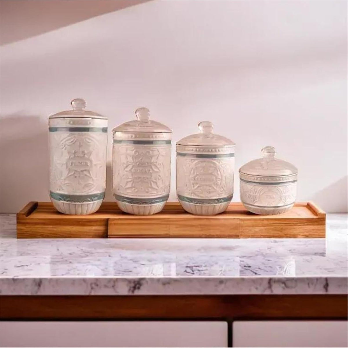 Young's Inc. 4 Pcs Set Casual Provincial Ceramic Canisters- Storage Container for Kitchen and