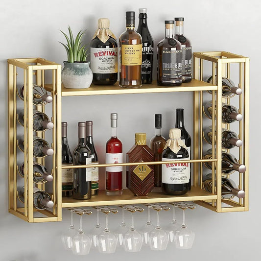 Wall Mounted Wine Rack, Hanging Floating Bar Liquor Shelves with Glass Holder, Metal Bottle Holder