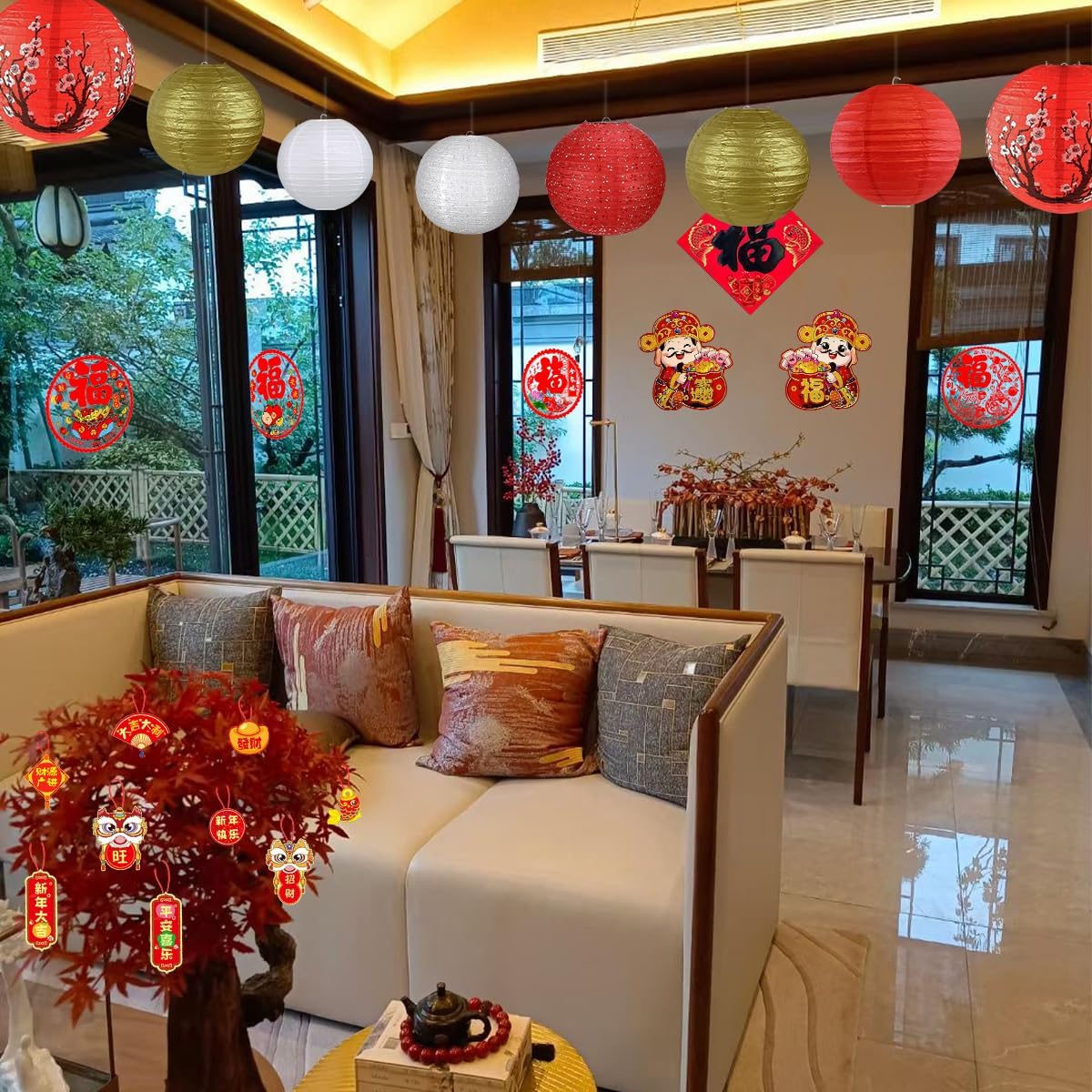 14Pcs Chinese Japanese Paper Lantern Assorted Sizes (8" 10" 12") Hanging Plum Blossom Red White