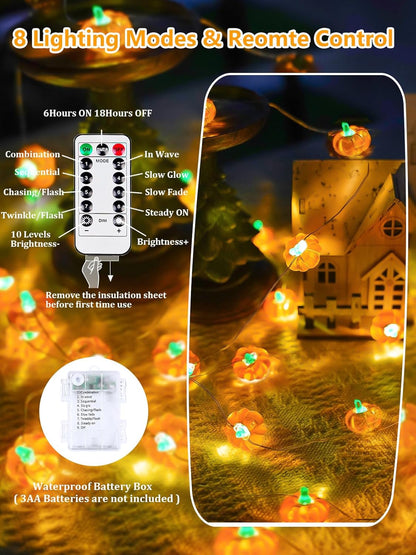 Fall Decorations 3D Pumpkin Fairy Lights Battery Operated with Remote, 10ft 30LED Fall Orange