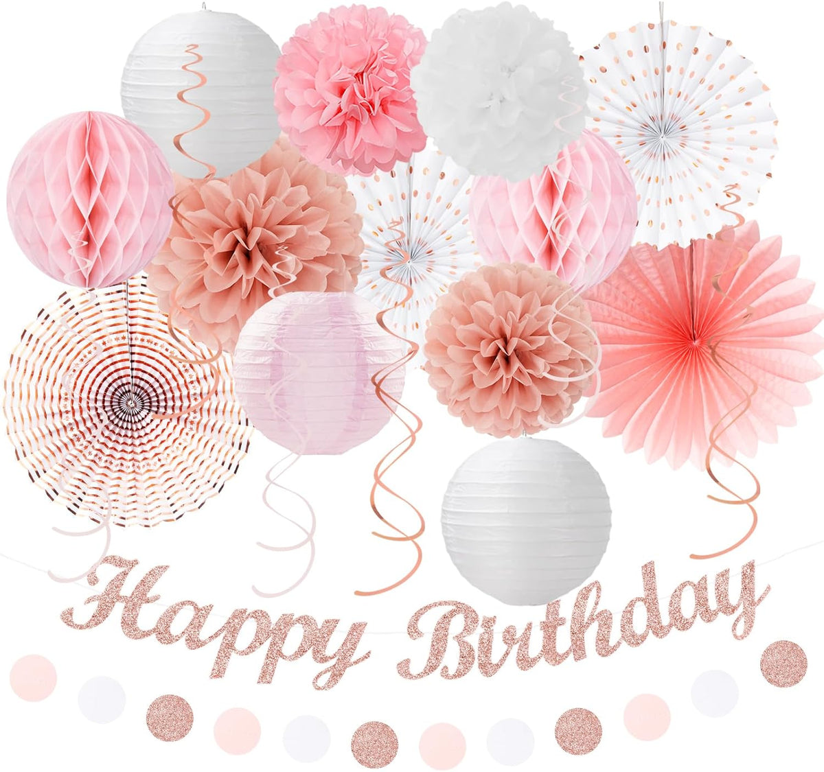Pink White Rose-Gold Birthday Party-Decorations - 21pcs Happy Banner, Paper Lanterns,Tissue Pom