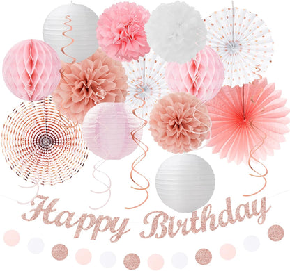 Pink White Rose-Gold Birthday Party-Decorations - 21pcs Happy Banner, Paper Lanterns,Tissue Pom