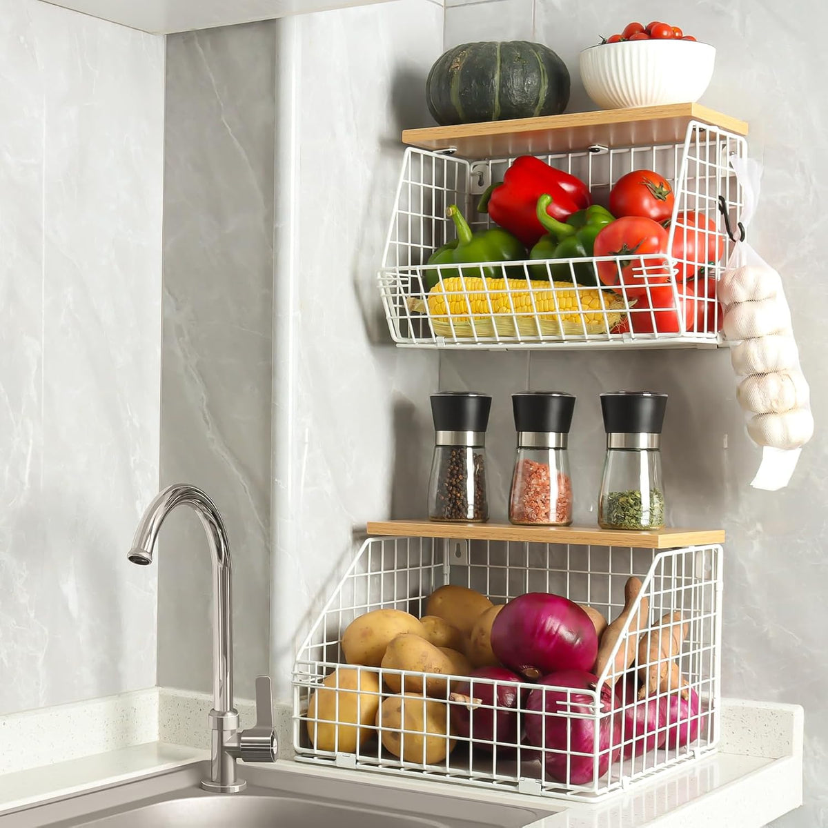White Fruit Bowl, 2-Tier Fruit Basket for Kitchen Counter, Stackable Wall Mounted Veggie Storage
