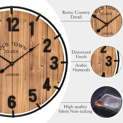 Large Old Town Farmhouse Wall Clock 30 Inches Rustic Antique Wood with Metal Circle and Large