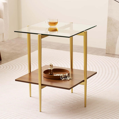 Glass End Table, Mid-Century Modern Design Sofa Table, for Living Room, 2-Tier Structure, Clear