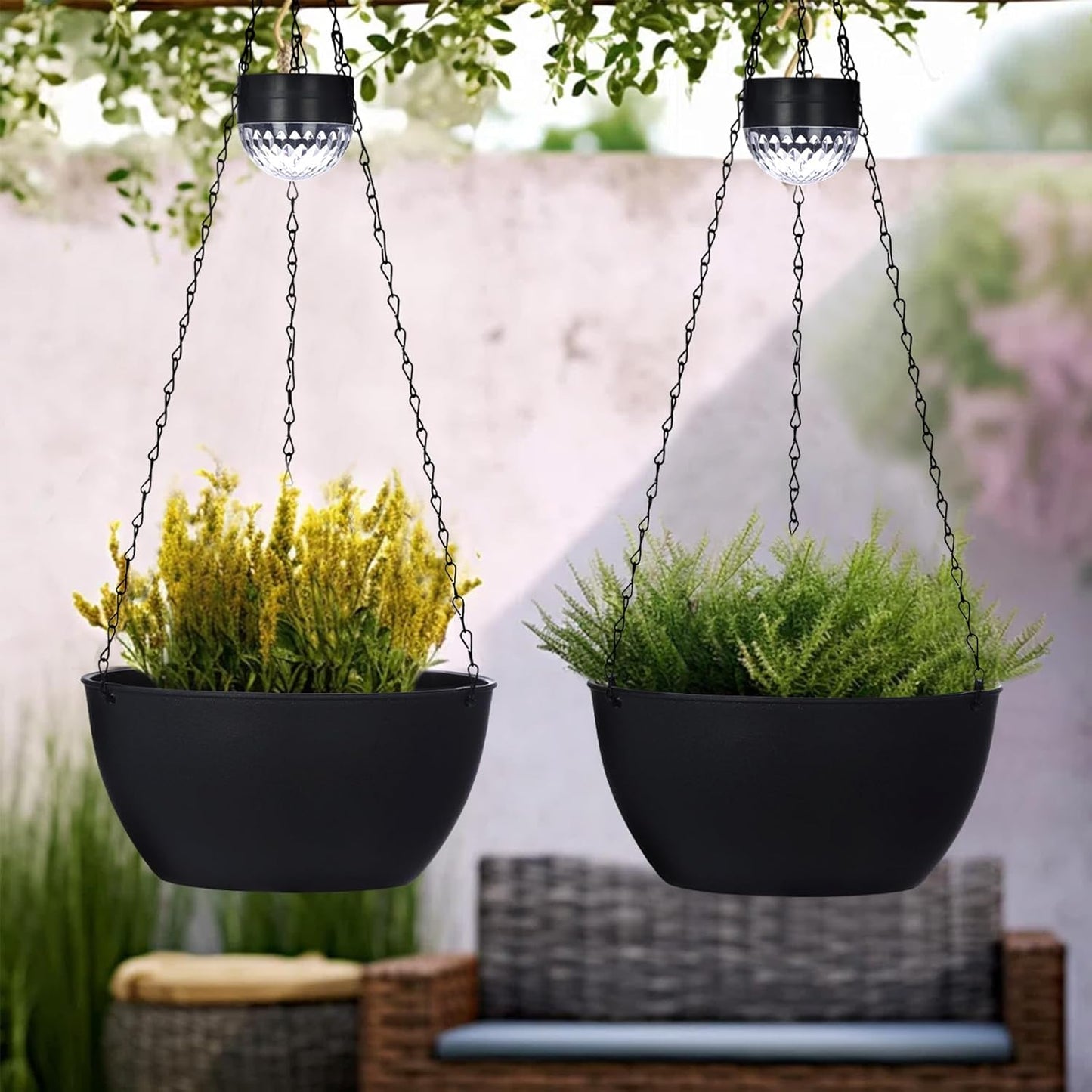 2 Packs Hanging Planters Basket for Outdoor Plants, Solar Powered Self Watering Black Round Plastic
