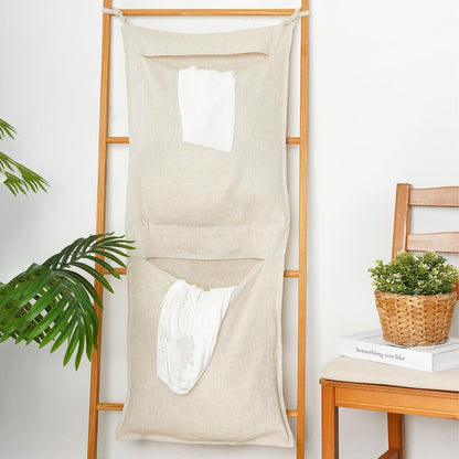 100% Linen Hanging Laundry Bag with 2 Compartments, Over the Door Laundry Hamper, Dirty Clothes