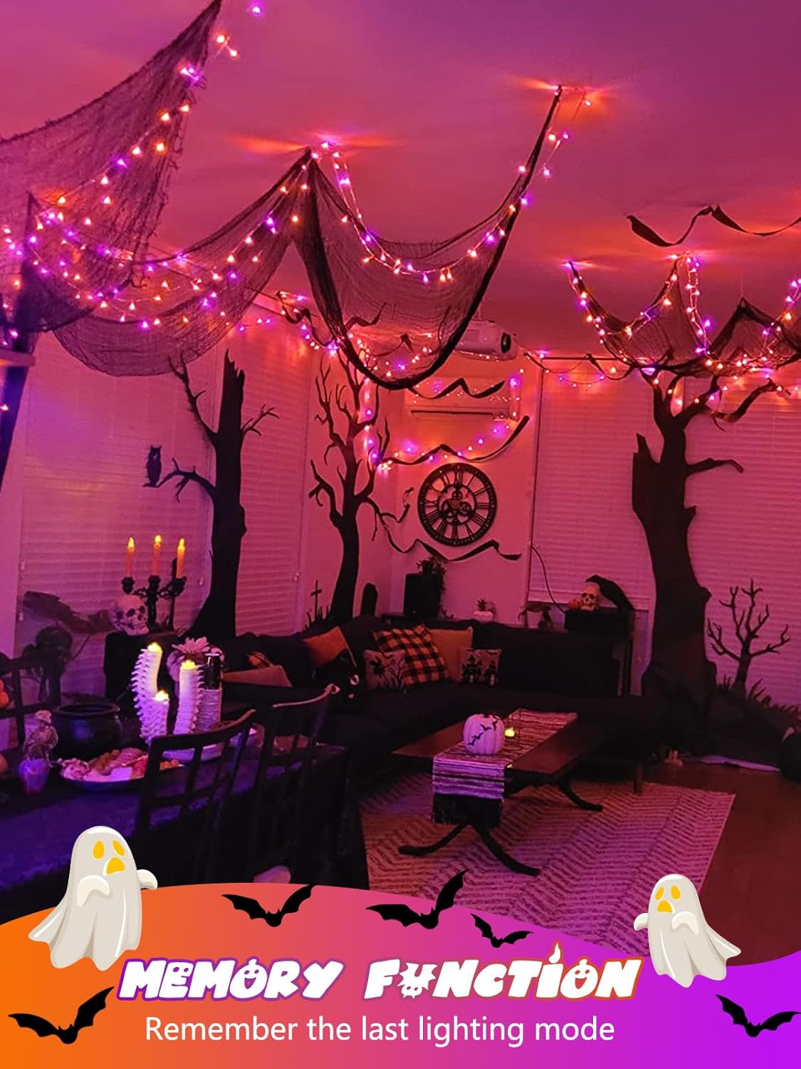 2 Pack Halloween String Lights Battery Operated with Timer, 66FT 200 LED Waterproof Orange and