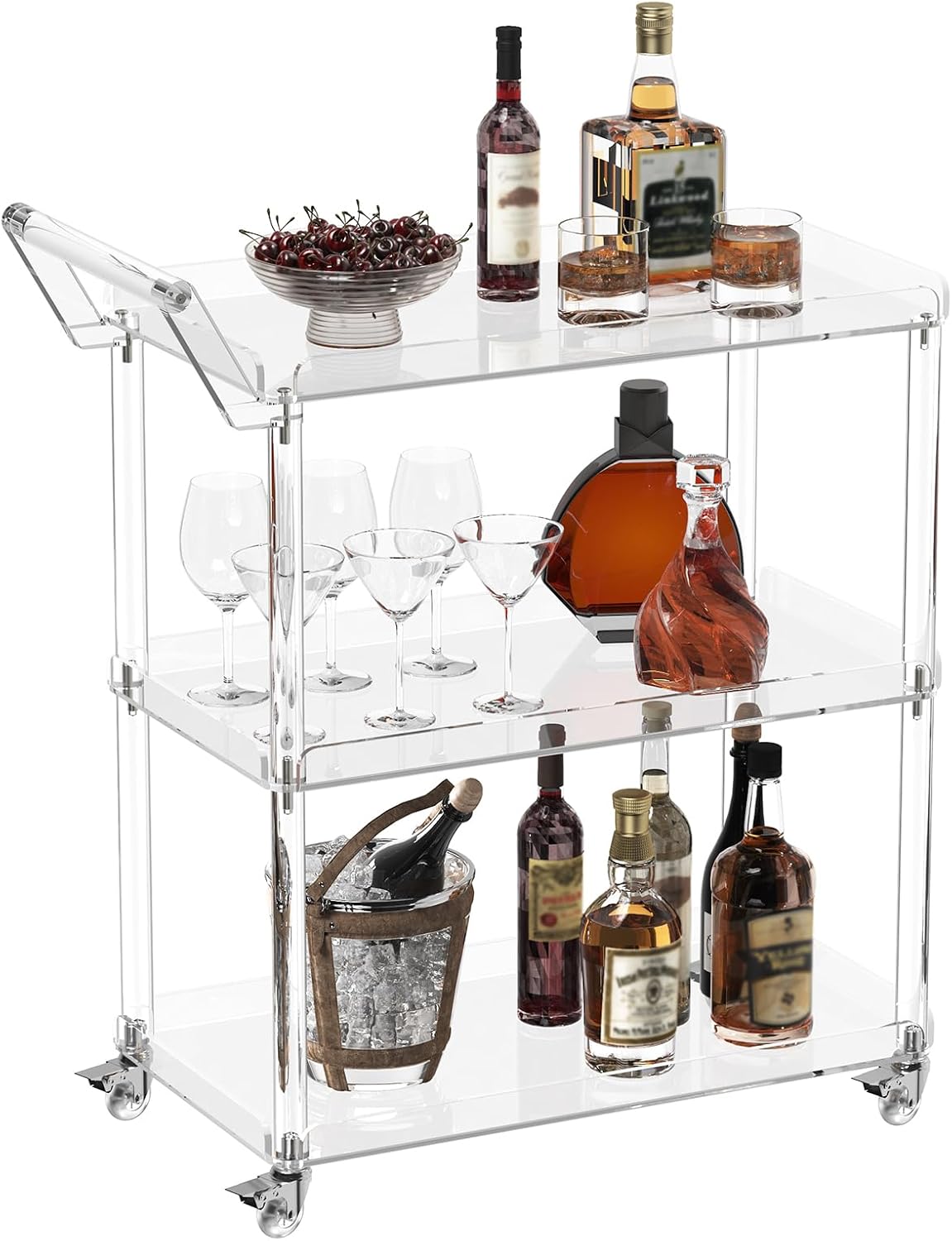 HMYHUM Acrylic Bar Cart with 4 Lockable Wheels, 30.5" L x 15.2" W x 34.5" H, Rolling Serving Cart