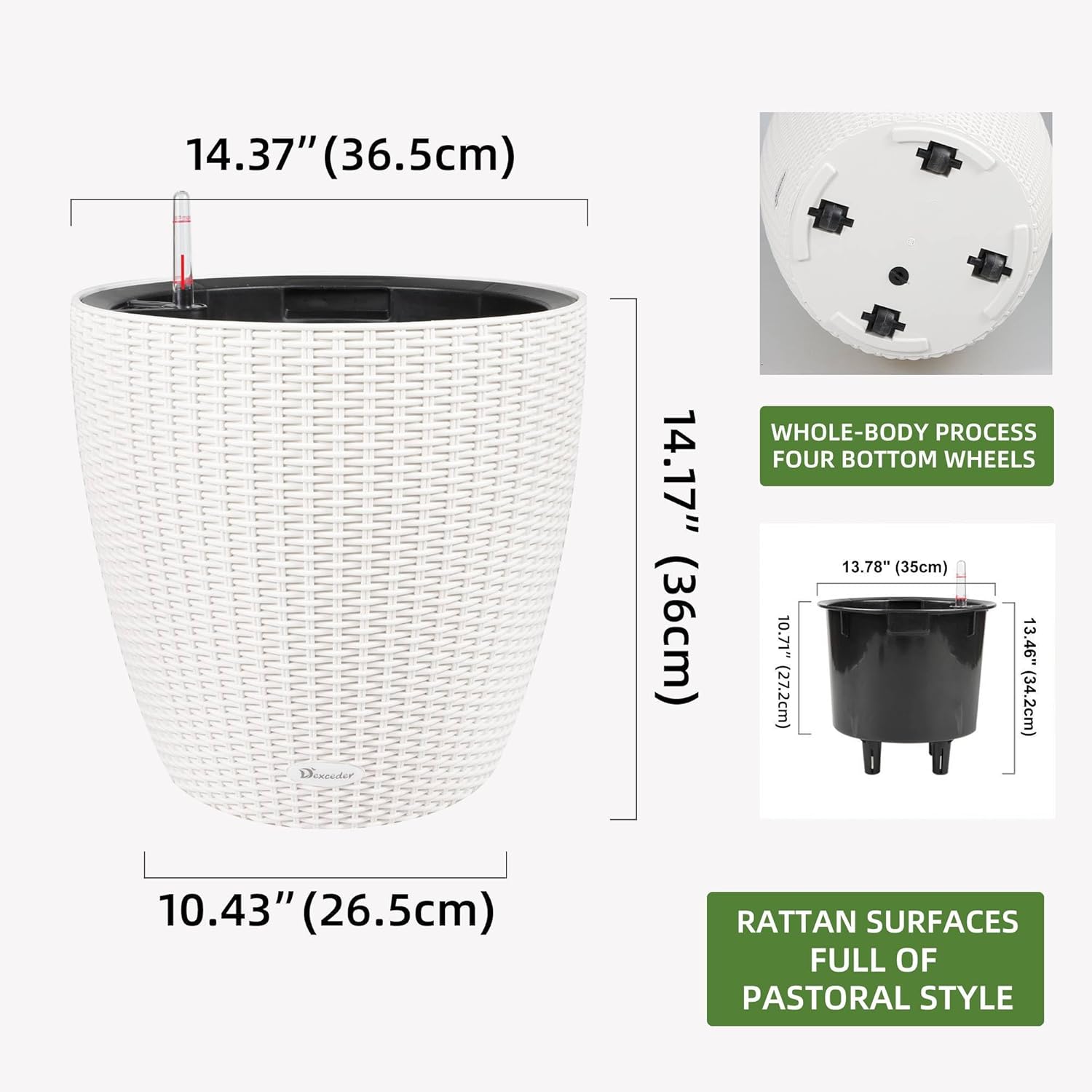 Dexceder 15x14 Rattan Self Watering Planter with Wheels Indoor Outdoor, Inner Pot Design, Thickened