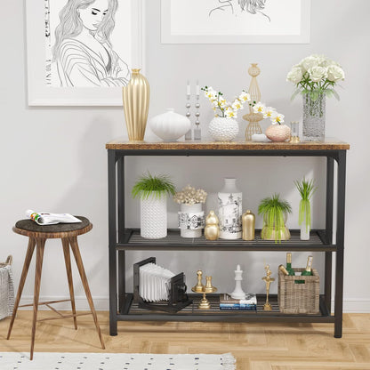 Ecoprsio Small Console Table, Sofa Table with Double Mesh Shelves, Industrial Entryway Table for