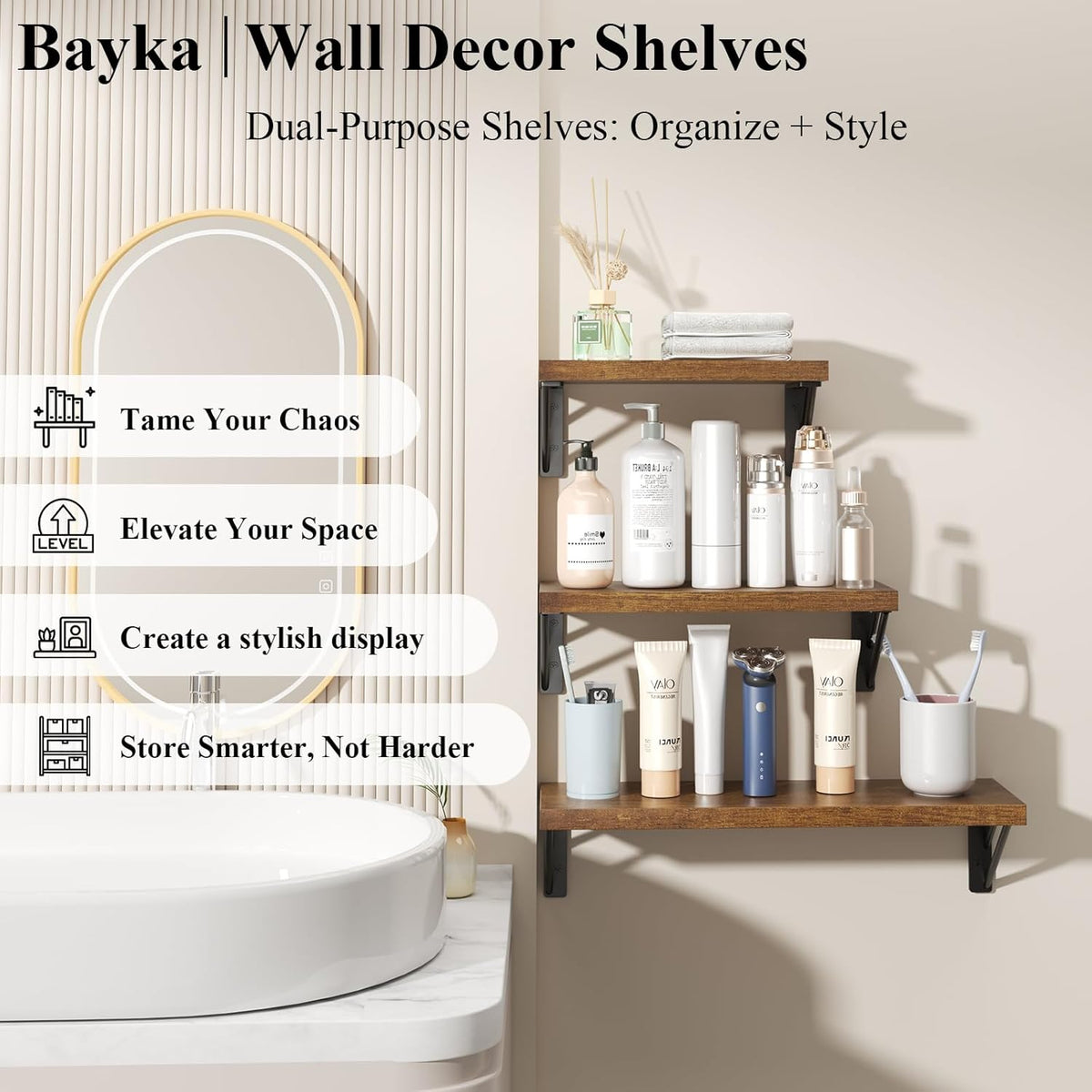 BAYKA Floating Shelves for Wall, Book Shelf for Bedroom, Wall Decor Shelves for Living Room