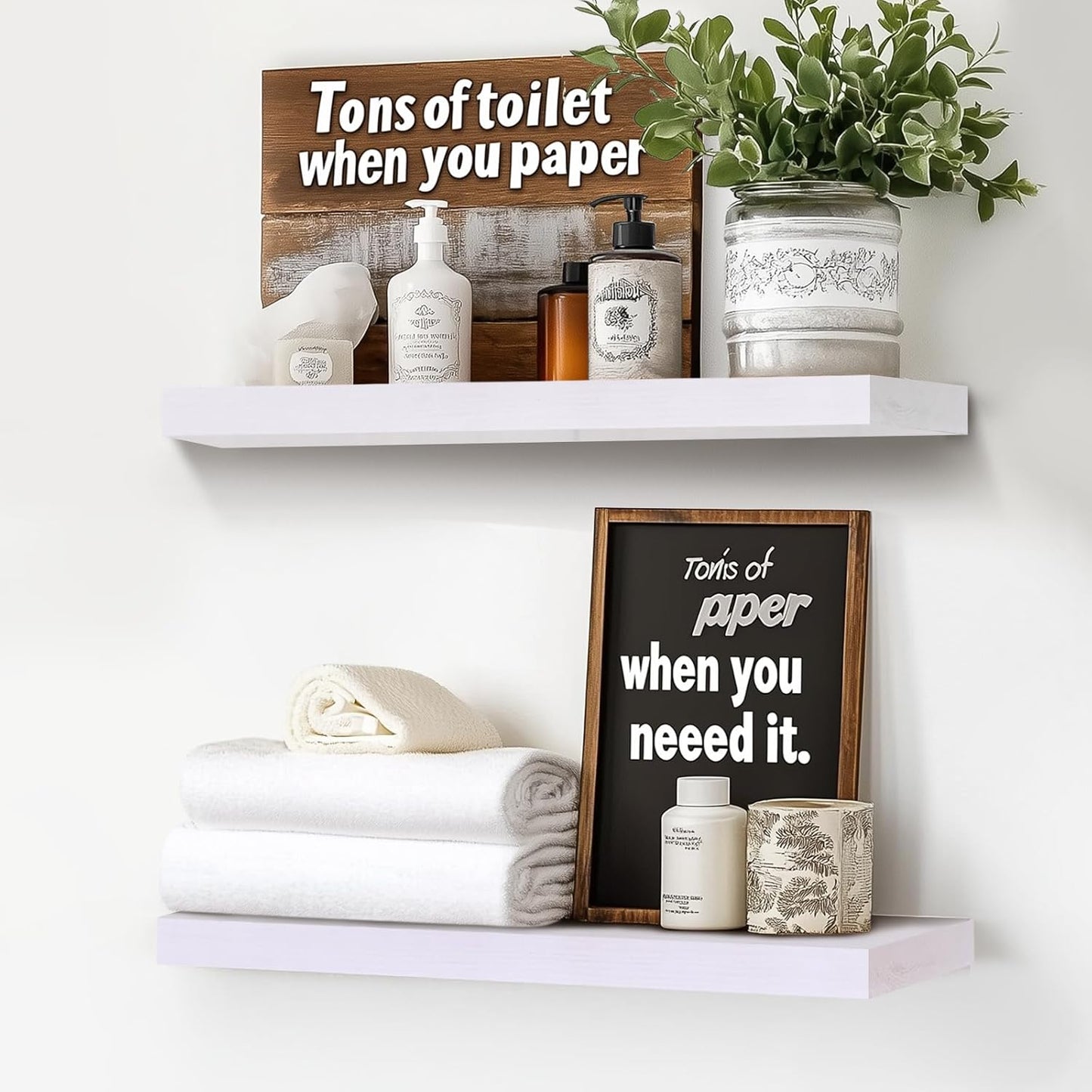 Floating Wall Shelves - 16"x6.8"x1.2" Sturdy Rustic White Solid Wood Shelves for Storage and Décor