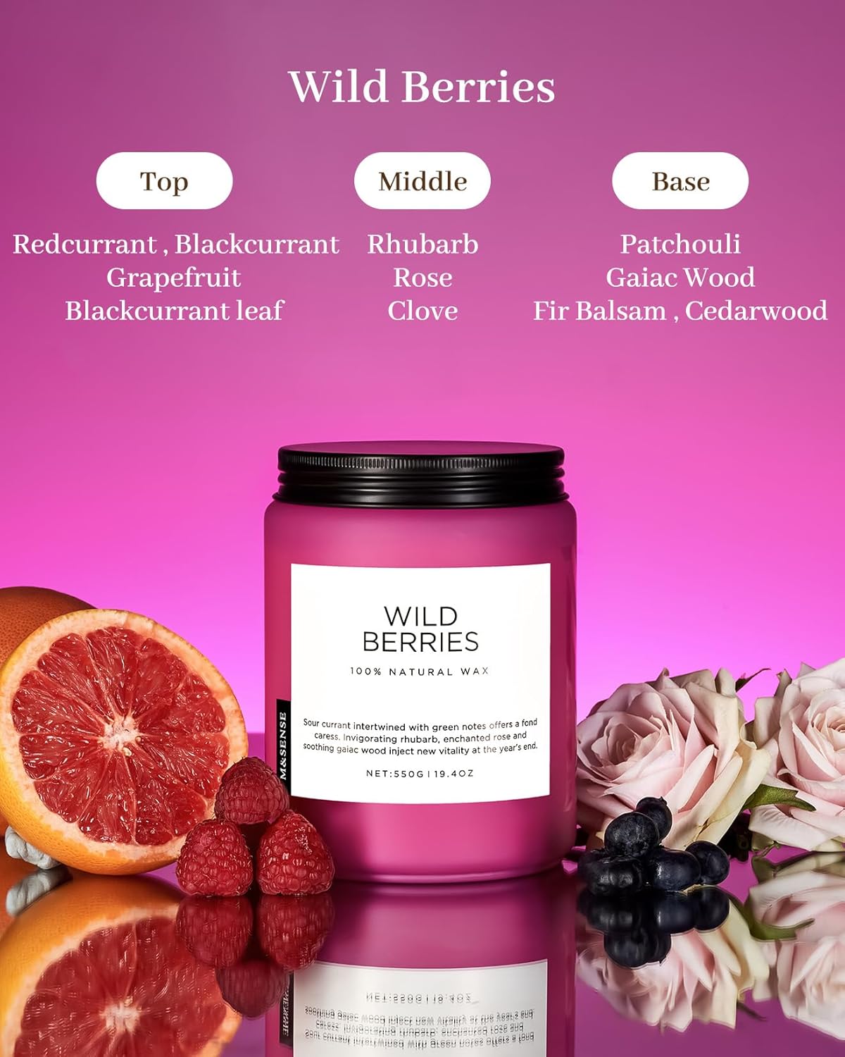 M&SENSE Wild Berries Large Soy Candles for Home Scented Organic Natural Soy Wax Candle 19.4oz 110