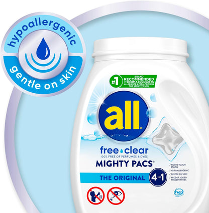 all free clear, Original, MIGHTY PACS Laundry Detergent Pacs for Sensitive Skin, Unscented and