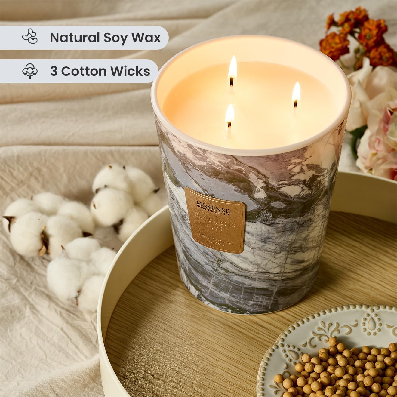 M&SENSE EucalyptusMint Scented Candles for Home, 3-Wick Highly Scented Jar Candles, Extra Large